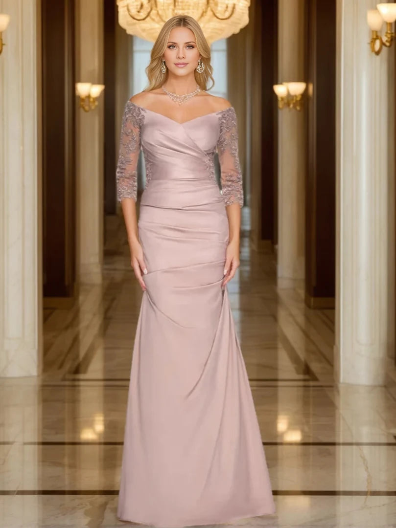 Trumpet/Mermaid V-Neck 3/4 Sleeves Ruched Mother Of The Bride Dresses with Appliques