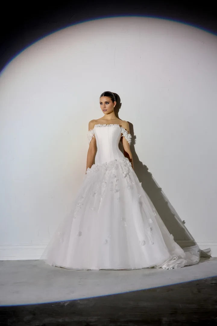 Tulle A-Line Gown with Dropped Waistline and 3D Lace Appliqués Wedding Dresses