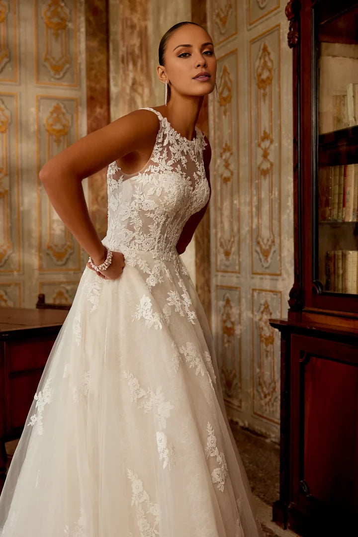Tulle A-Line Gown with Illusion Sabrina Neckline and Lace Appliqués Wedding Dresses