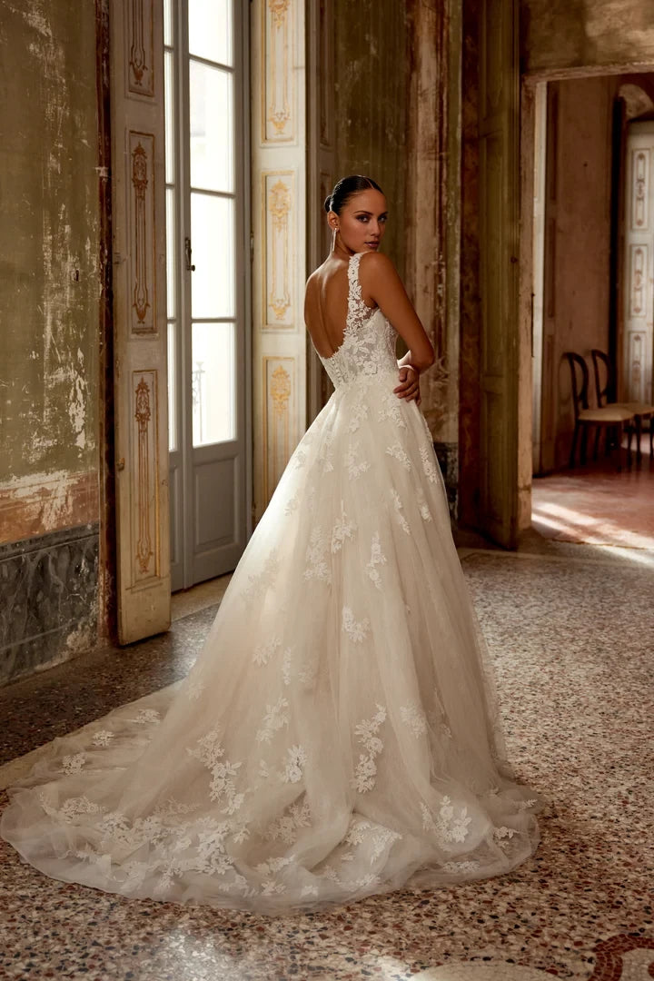 Tulle A-Line Gown with Illusion Sabrina Neckline and Lace Appliqués Wedding Dresses