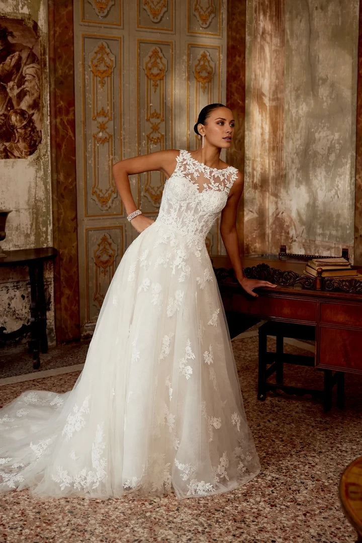Tulle A-Line Gown with Illusion Sabrina Neckline and Lace Appliqués Wedding Dresses