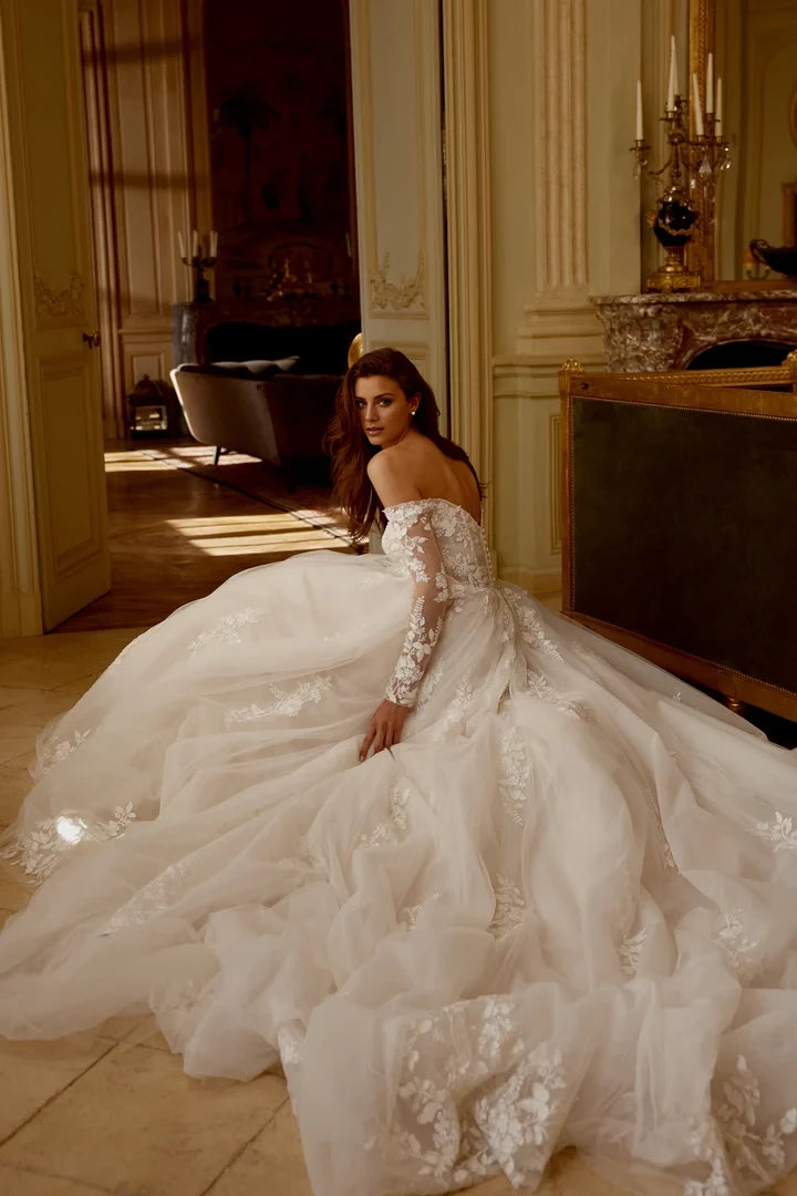 Tulle Ball Gown with Off-The-Shoulder Neckline and Exposed Boning Wedding Dresses