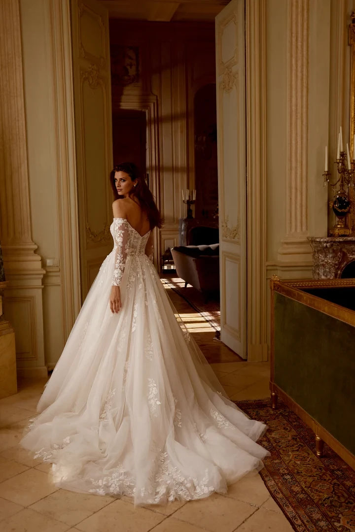Tulle Ball Gown with Off-The-Shoulder Neckline and Exposed Boning Wedding Dresses