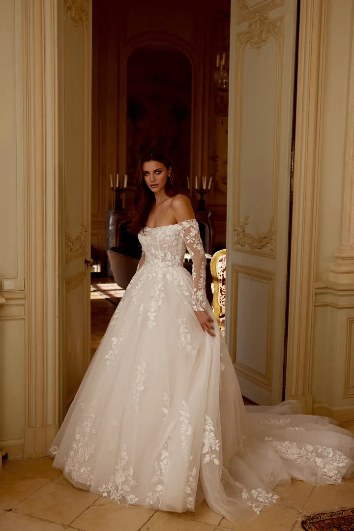 Tulle Ball Gown with Off-The-Shoulder Neckline and Exposed Boning Wedding Dresses