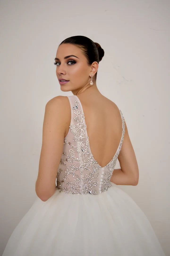 Tulle Ball Gown with Ornate Sheer Crystal Embroidered Bodice Wedding Dresses