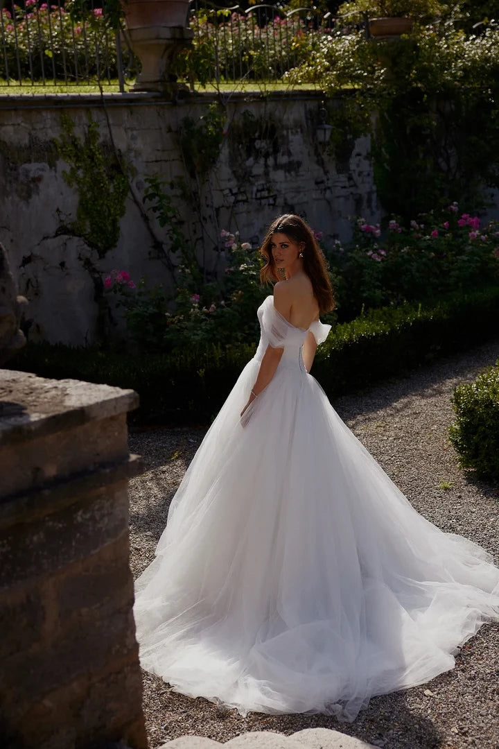 Tulle Ball Gown with Ruched Bodice and Dropped Asymmetric Waistline Wedding Dresses