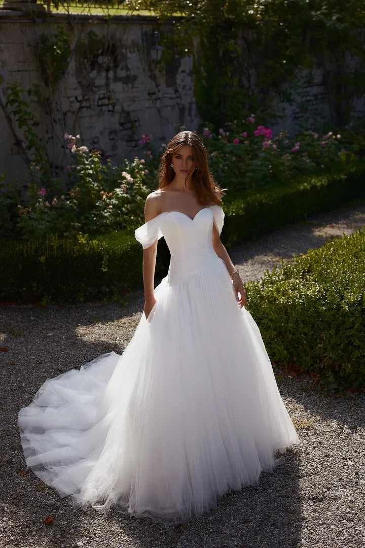 Tulle Ball Gown with Ruched Bodice and Dropped Asymmetric Waistline Wedding Dresses