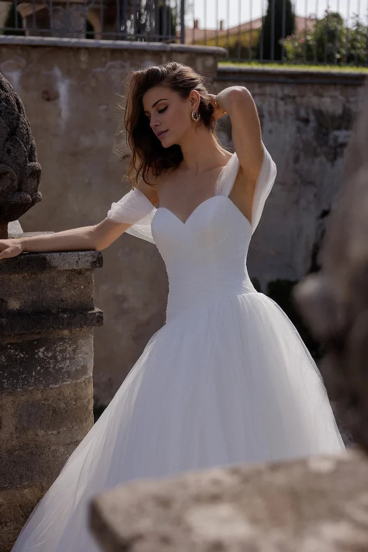 Tulle Ball Gown with Ruched Bodice and Dropped Asymmetric Waistline Wedding Dresses