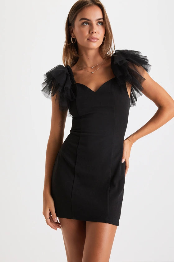 Tulle Flutter Sleeve Bodycon Mini Dress Homecoming Dresses