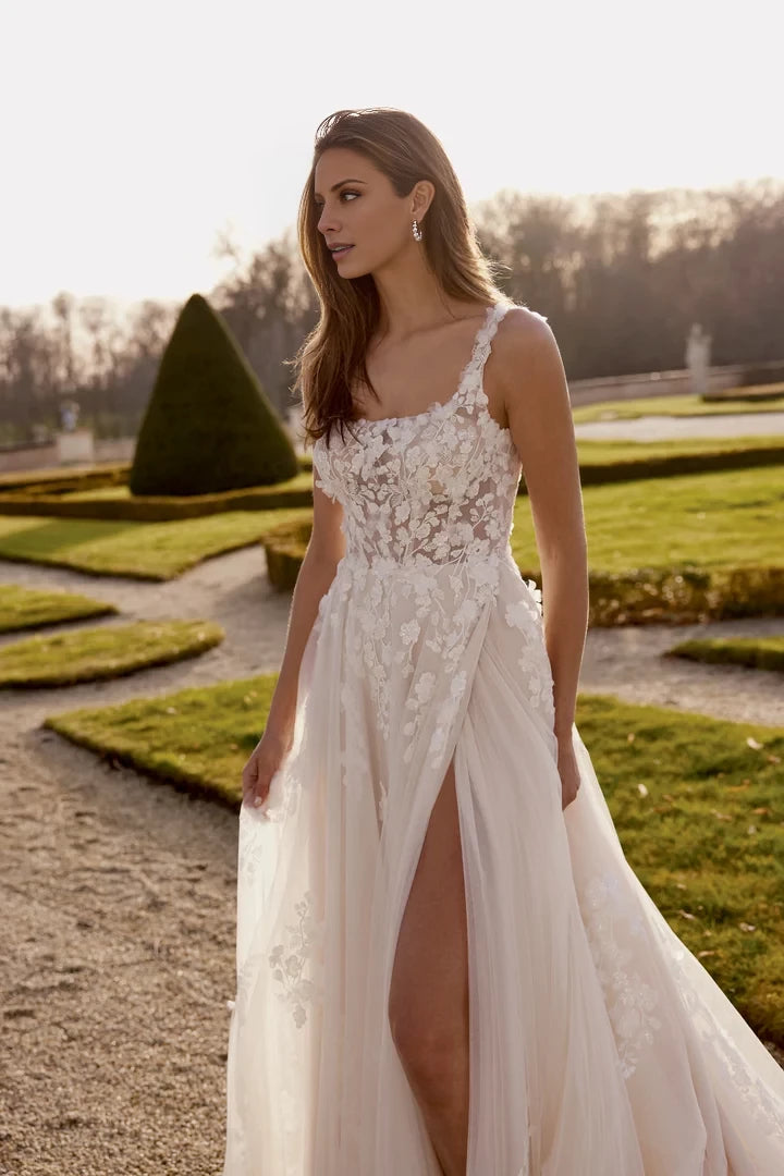 Tulle Lace A-Line Gown with Square Neckline and 3D Appliqués Wedding Dresses