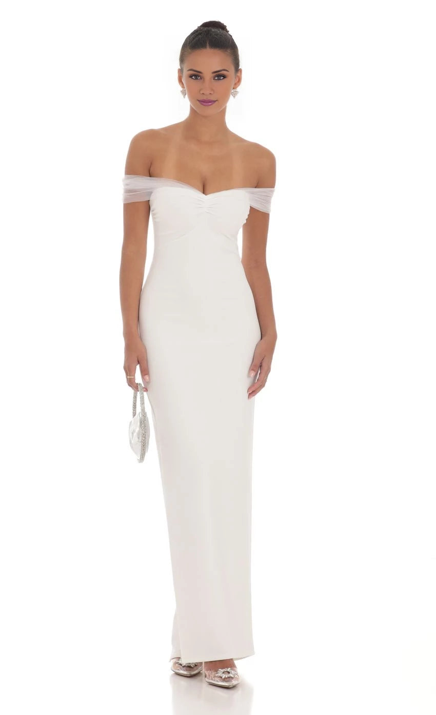 Tulle Off Shoulder Sleeve Maxi Dress  Prom Dresses