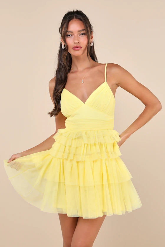 Tulle Pleated Sleeveless Tiered Mini Dress Homecoming Dress