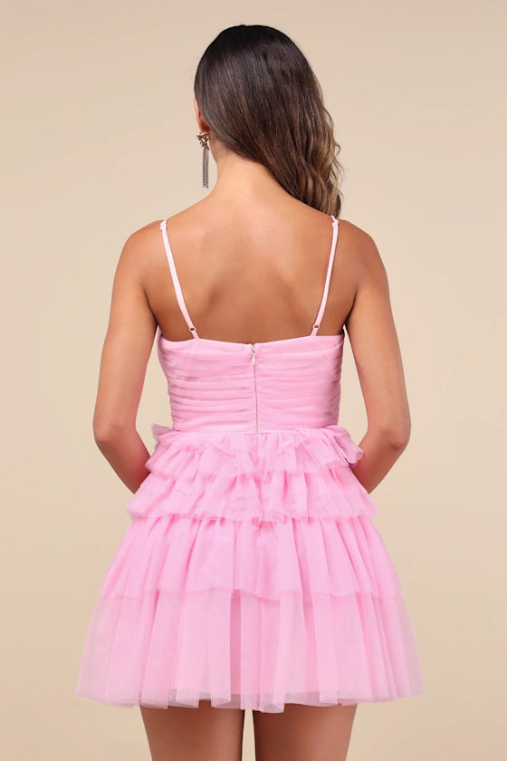 Tulle Pleated Sleeveless Tiered Mini Dress Homecoming Dress