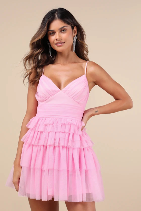 Tulle Pleated Sleeveless Tiered Mini Dress Homecoming Dress