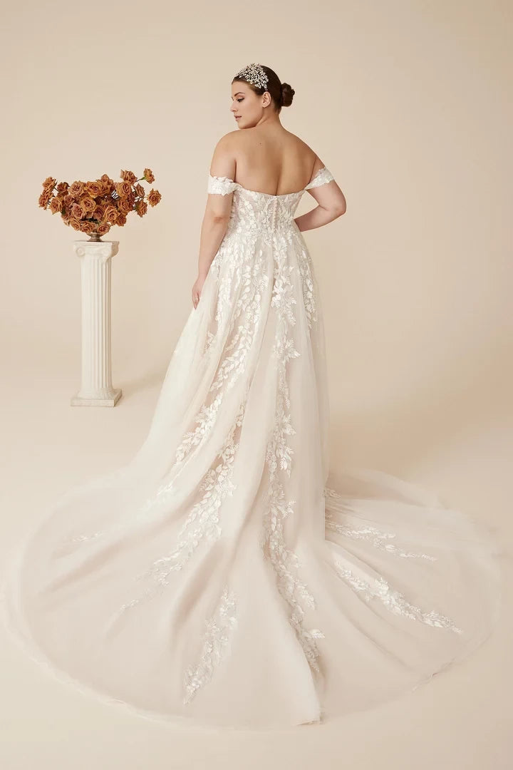 Tulle Plus Size A-Line Gown with Off-The-Shoulder Detachable Straps Wedding Dresses