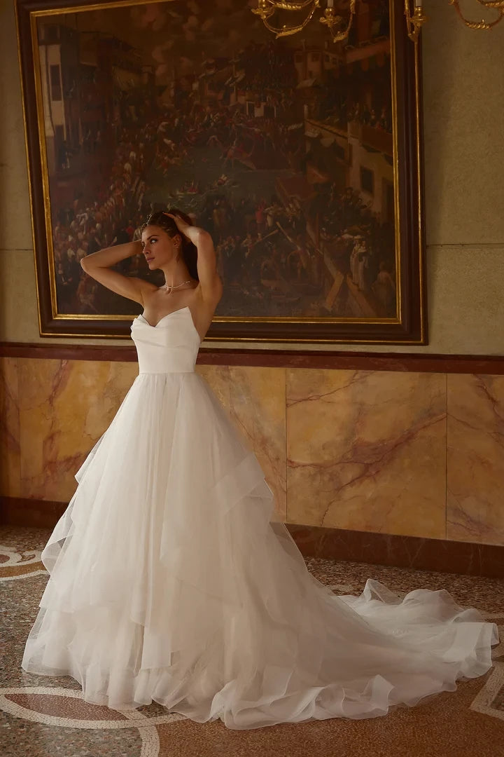 Tulle Ruffle Skirt with Strapless Satin Bodice Wedding Dresses