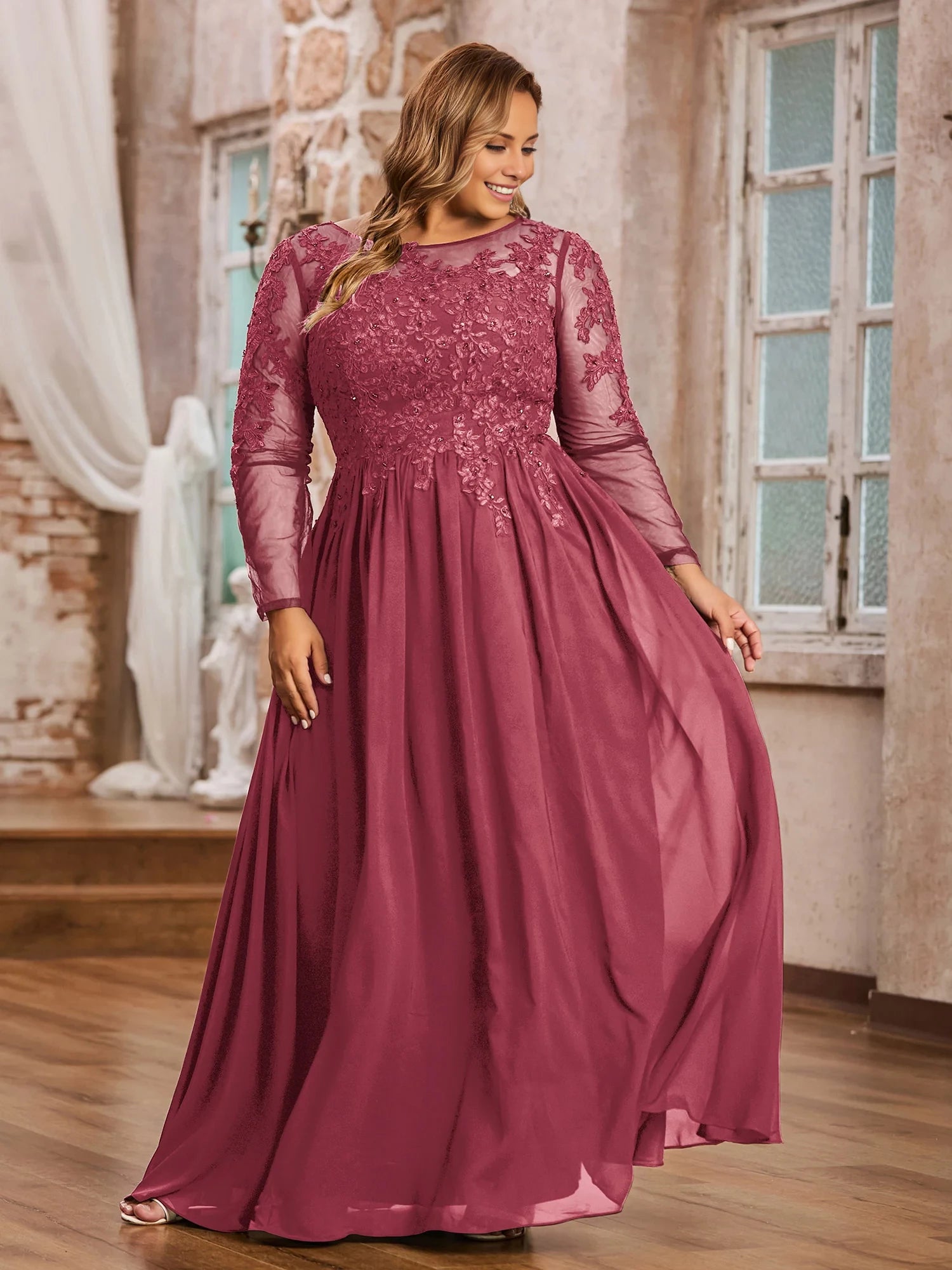 Tulle with Appliqued Long Sleeves Dress Plus Size Mother of the Bride Dresses