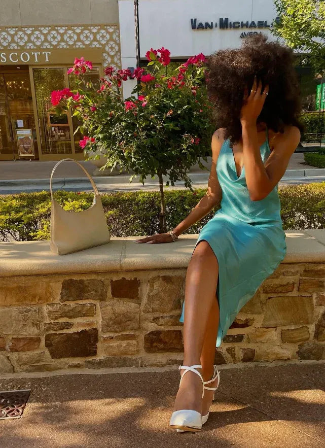 Turquoise Blue Satin Spaghetti Strap Cowl Neck Open Back Midi Gown