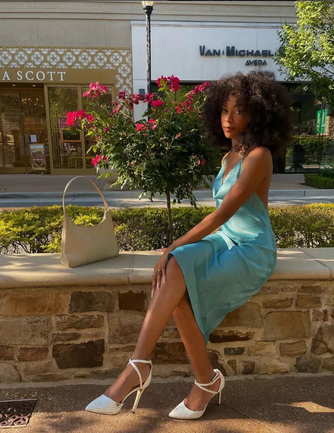 Turquoise Blue Satin Spaghetti Strap Cowl Neck Open Back Midi Gown