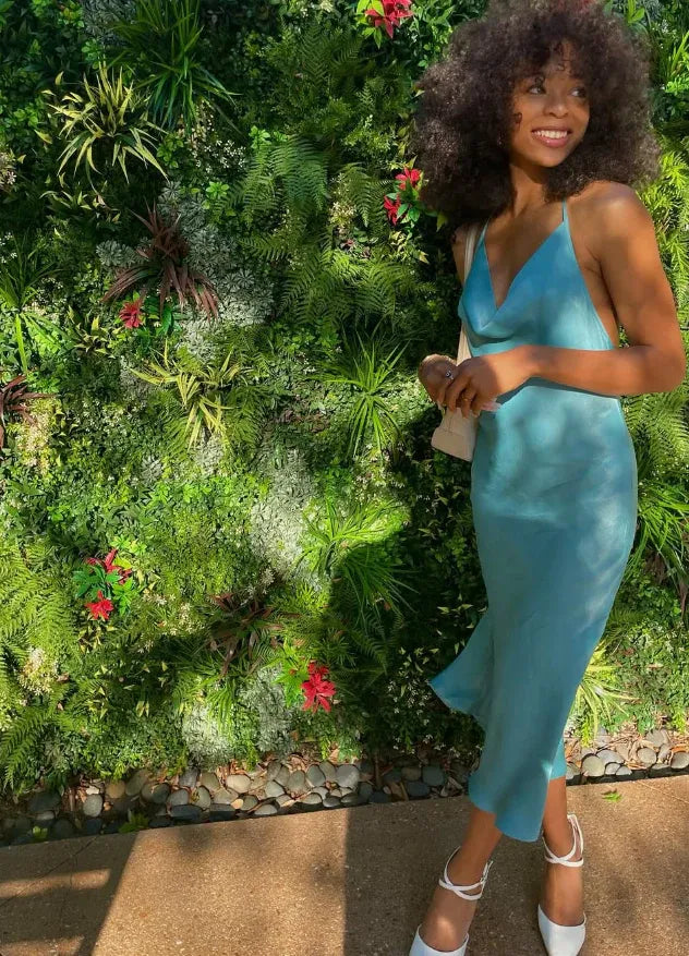 Turquoise Blue Satin Spaghetti Strap Cowl Neck Open Back Midi Gown