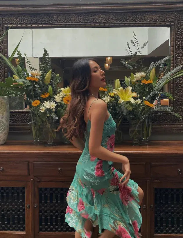 Turquoise Floral Print Ruffle Hem Midi Dress – V-Neck Spaghetti Strap Party Gown