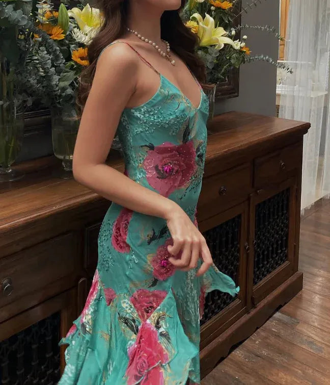 Turquoise Floral Print Ruffle Hem Midi Dress – V-Neck Spaghetti Strap Party Gown