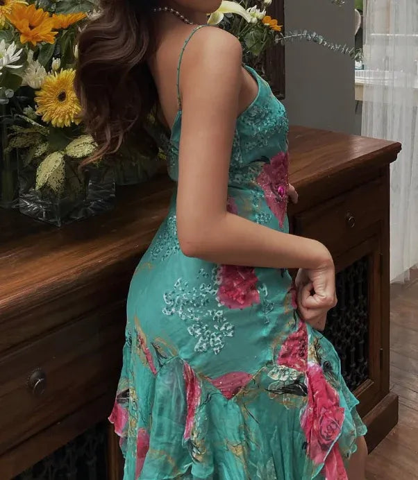 Turquoise Floral Print Ruffle Hem Midi Dress – V-Neck Spaghetti Strap Party Gown