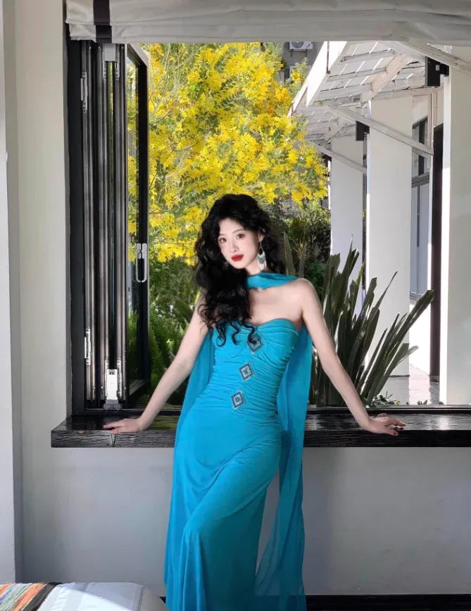 Turquoise Halter Draped Beaded Mermaid Maxi Dress – Exotic Vacation Gown