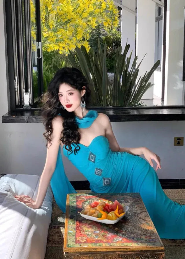 Turquoise Halter Draped Beaded Mermaid Maxi Dress – Exotic Vacation Gown