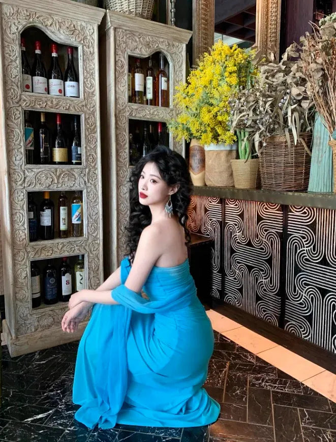 Turquoise Halter Draped Beaded Mermaid Maxi Dress – Exotic Vacation Gown
