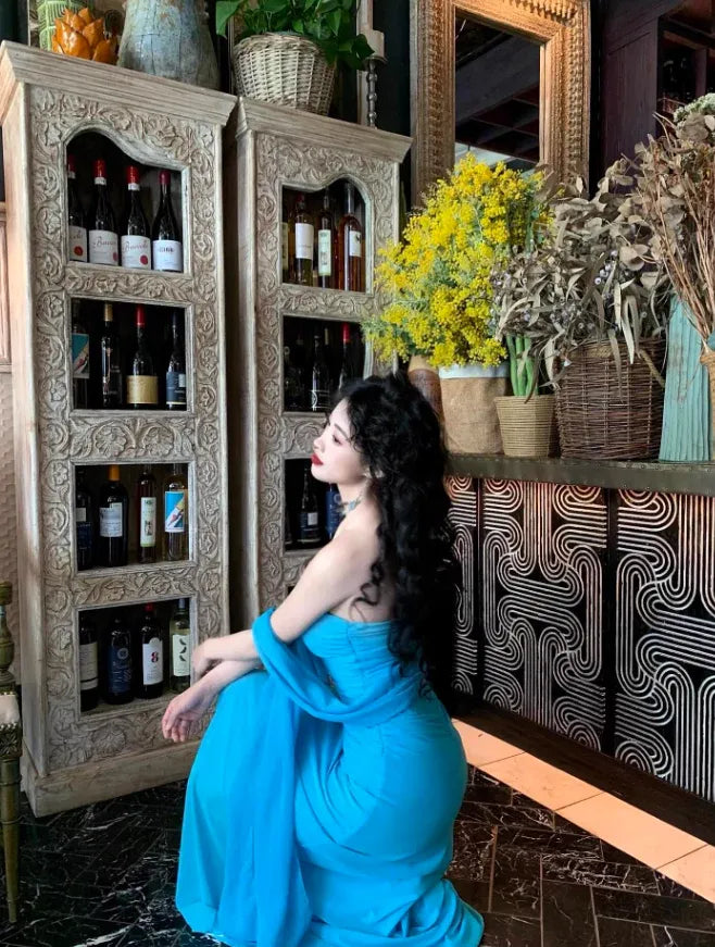 Turquoise Halter Draped Beaded Mermaid Maxi Dress – Exotic Vacation Gown