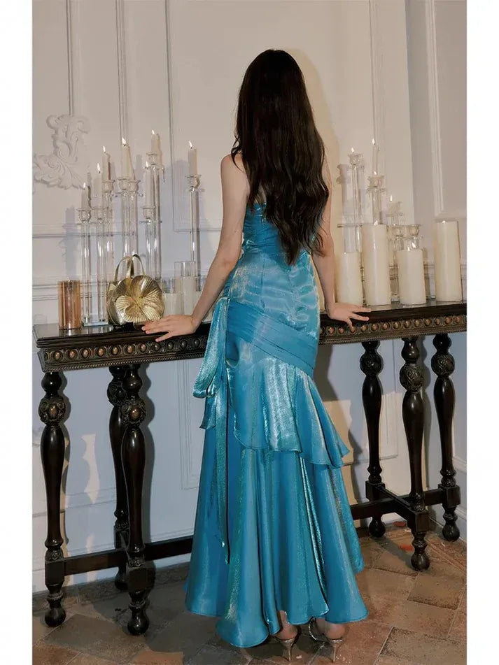 Turquoise Metallic Ruffle Mermaid Gown with Side Sash