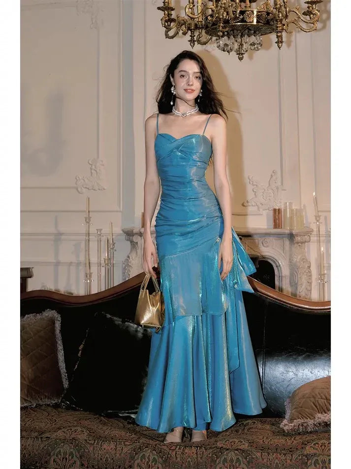 Turquoise Metallic Ruffle Mermaid Gown with Side Sash