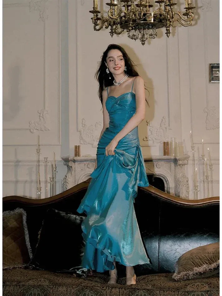 Turquoise Metallic Ruffle Mermaid Gown with Side Sash