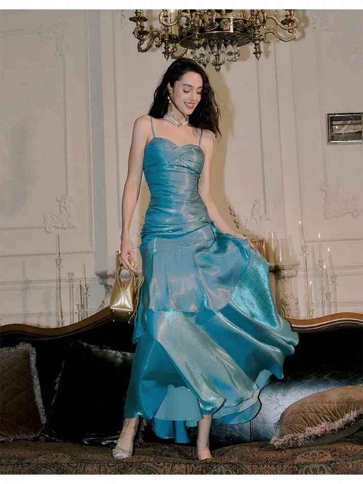 Turquoise Metallic Ruffle Mermaid Gown with Side Sash
