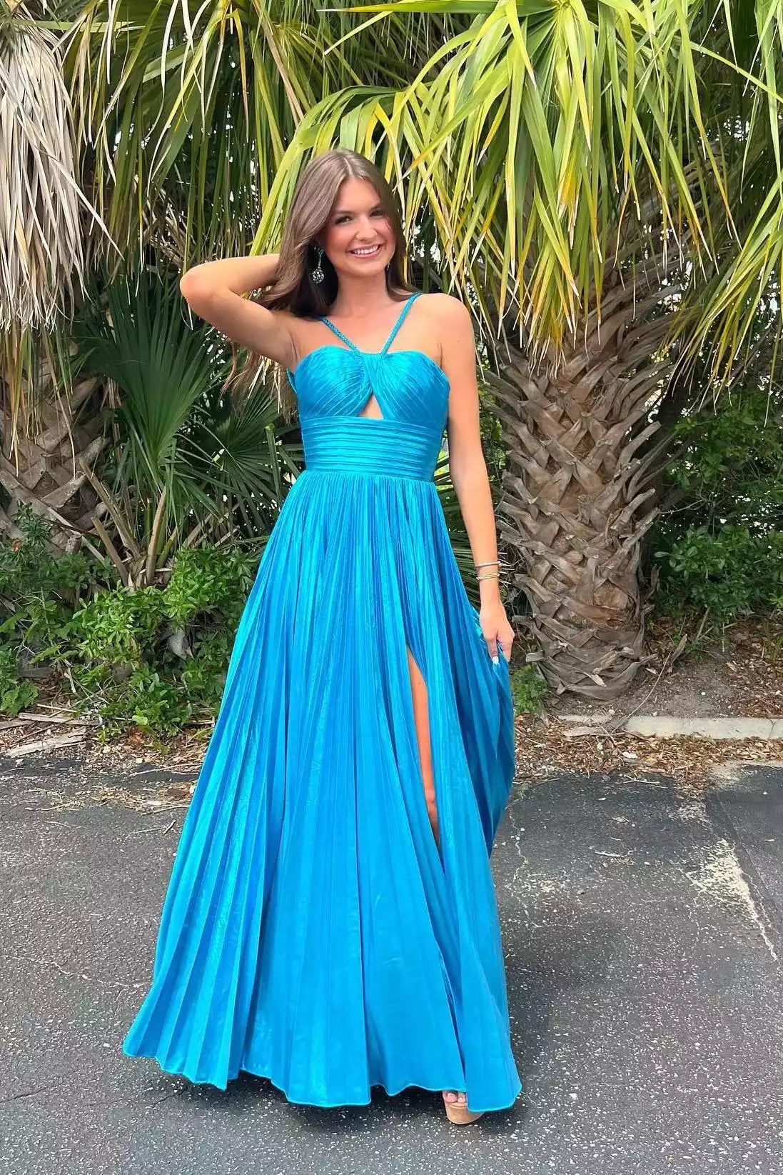 Turquoise Pleated Satin Crisscross-Back Ball Gown – Luminous & Modern Evening Party Dress