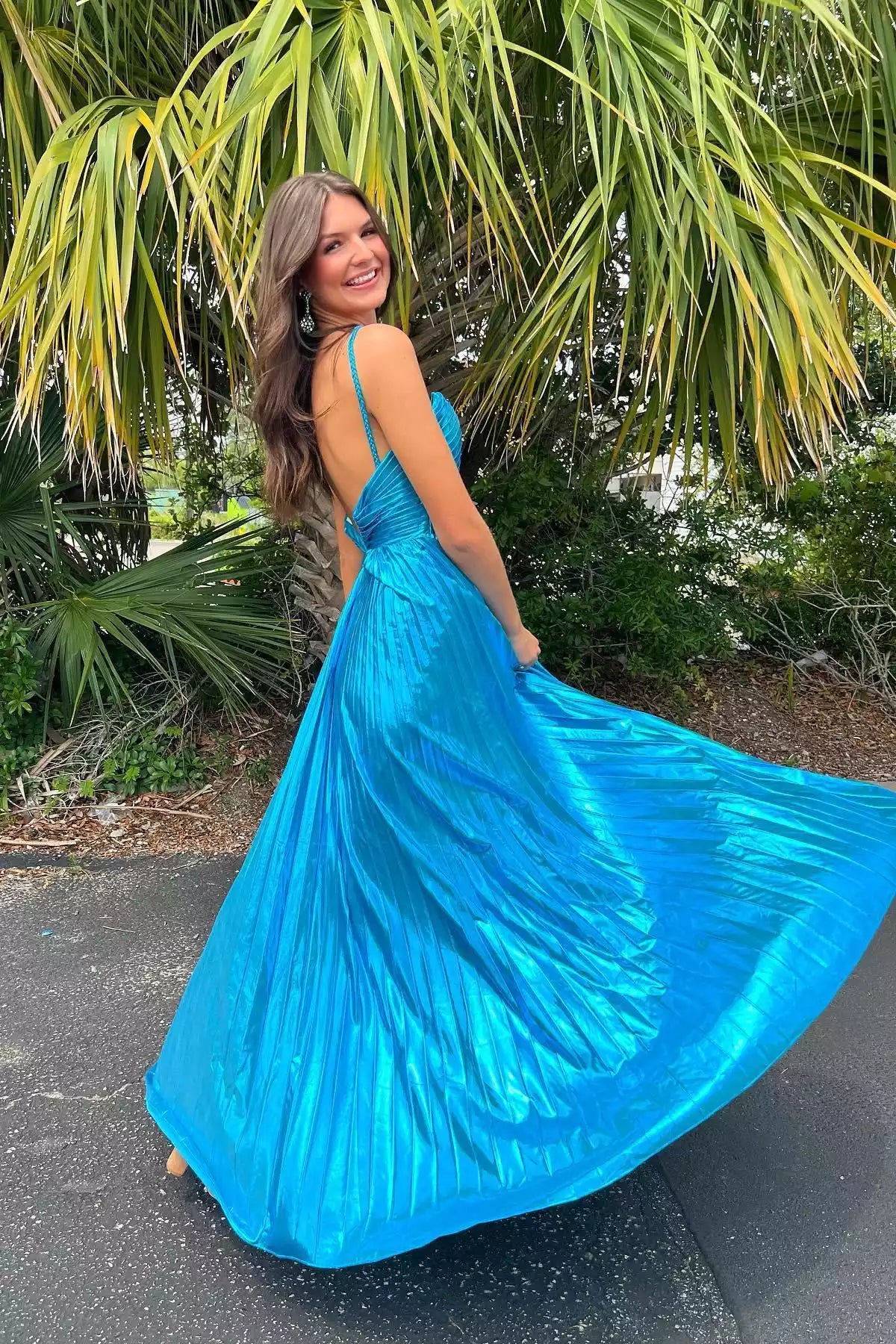 Turquoise Pleated Satin Crisscross-Back Ball Gown – Luminous & Modern Evening Party Dress
