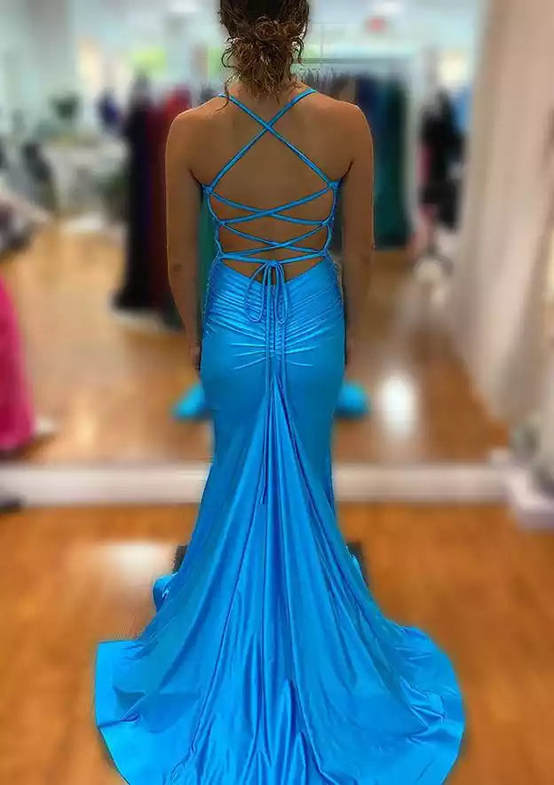 Turquoise Satin Crisscross-Back Mermaid Gown – Vibrant & Modern Evening Party Dress