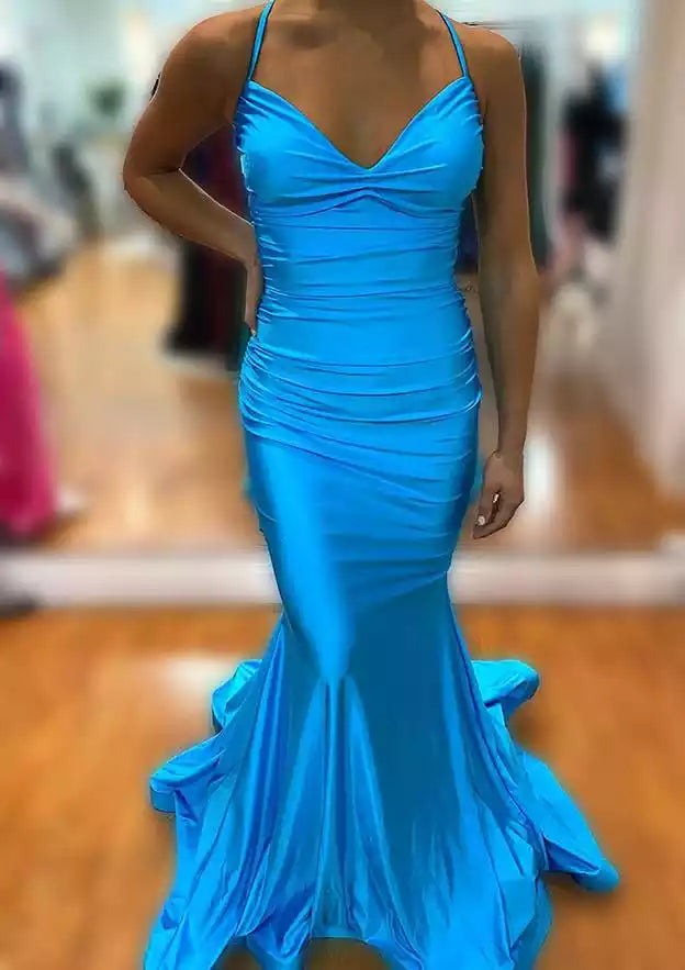 Turquoise Satin Crisscross-Back Mermaid Gown – Vibrant & Modern Evening Party Dress