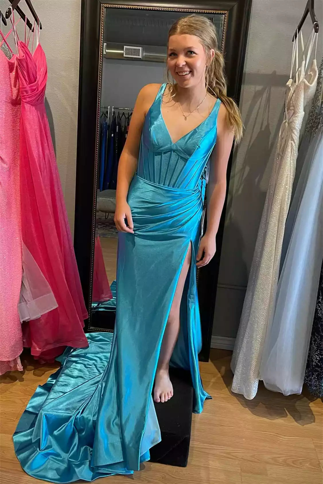 Turquoise Satin Crisscross-Back Ruched Mermaid Gown – Luminous & Modern Evening Party Dress