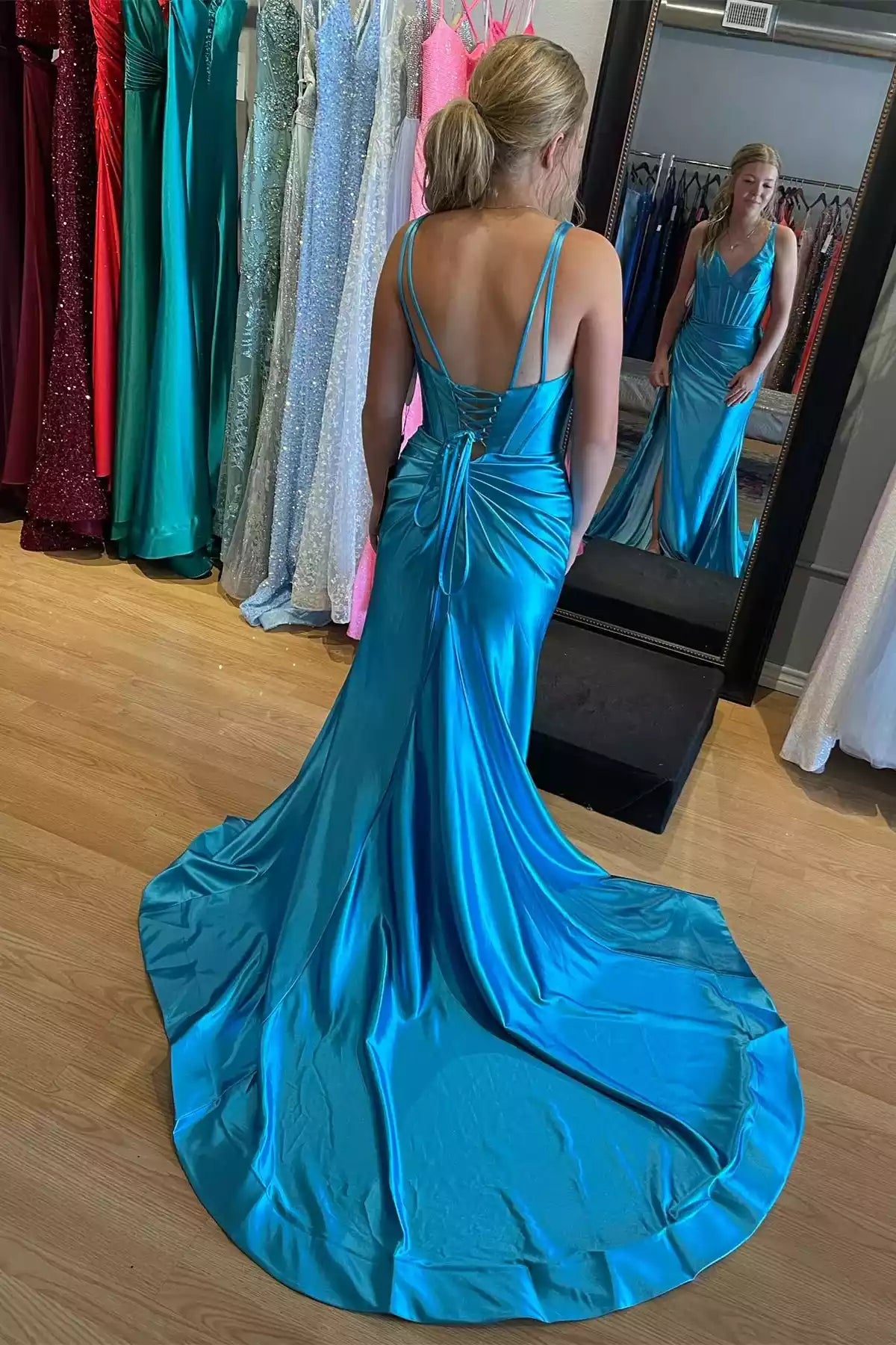 Turquoise Satin Crisscross-Back Ruched Mermaid Gown – Luminous & Modern Evening Party Dress