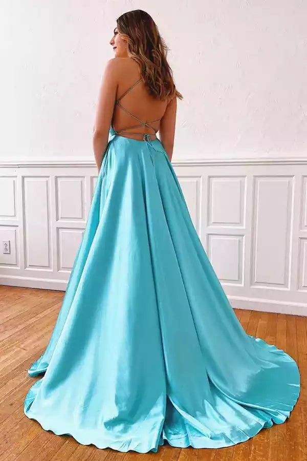 Turquoise Satin Crisscross Back Deep V Slit A-Line Gown – Vibrant & Elegant Evening Party Dress
