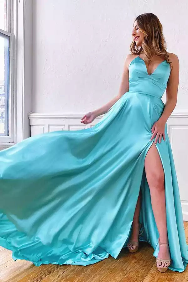Turquoise Satin Crisscross Back Deep V Slit A-Line Gown – Vibrant & Elegant Evening Party Dress