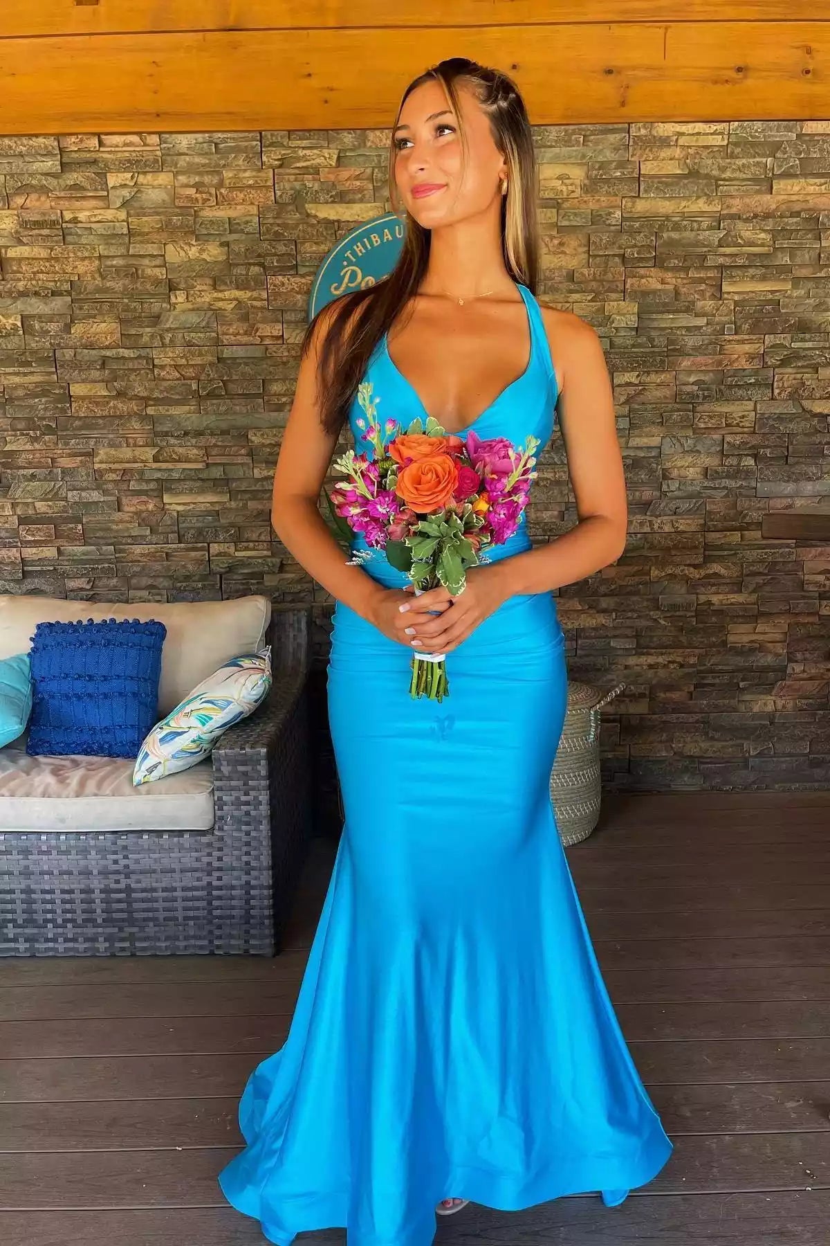 Turquoise Satin Halter Cutout Mermaid Gown – Bold & Elegant Evening Party Dress