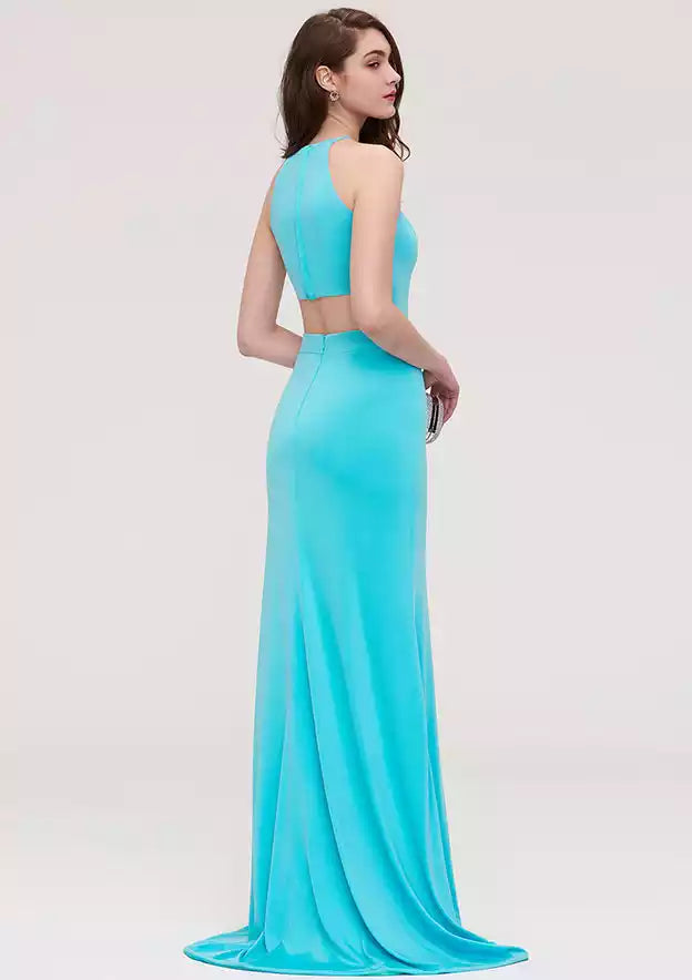 Turquoise Satin Halter Cutout Mermaid Gown – Sleek & Modern Evening Party Dress