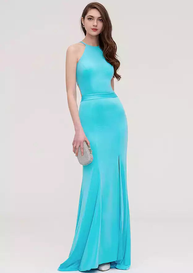 Turquoise Satin Halter Cutout Mermaid Gown – Sleek & Modern Evening Party Dress