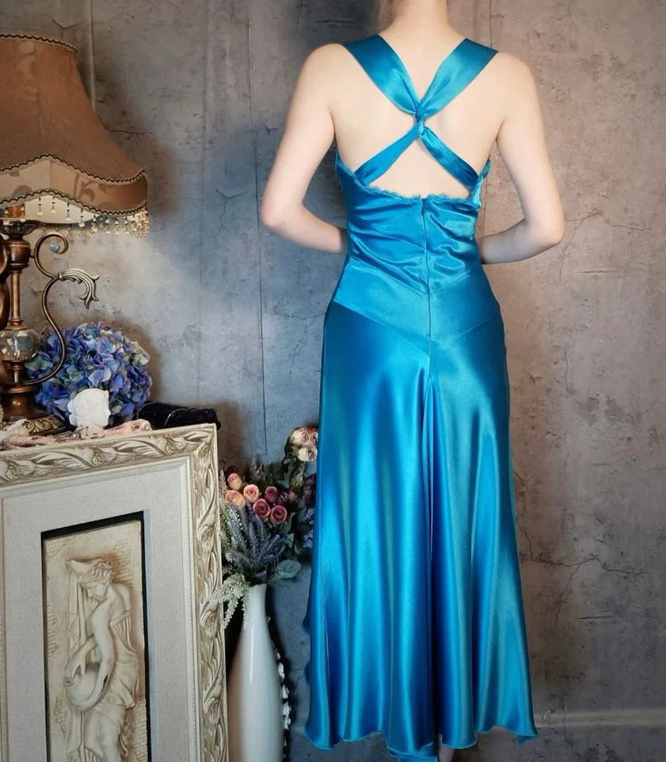 Turquoise Satin High-Low Midi Dress – V-Neck Gold Accent Formal Cocktail Dress