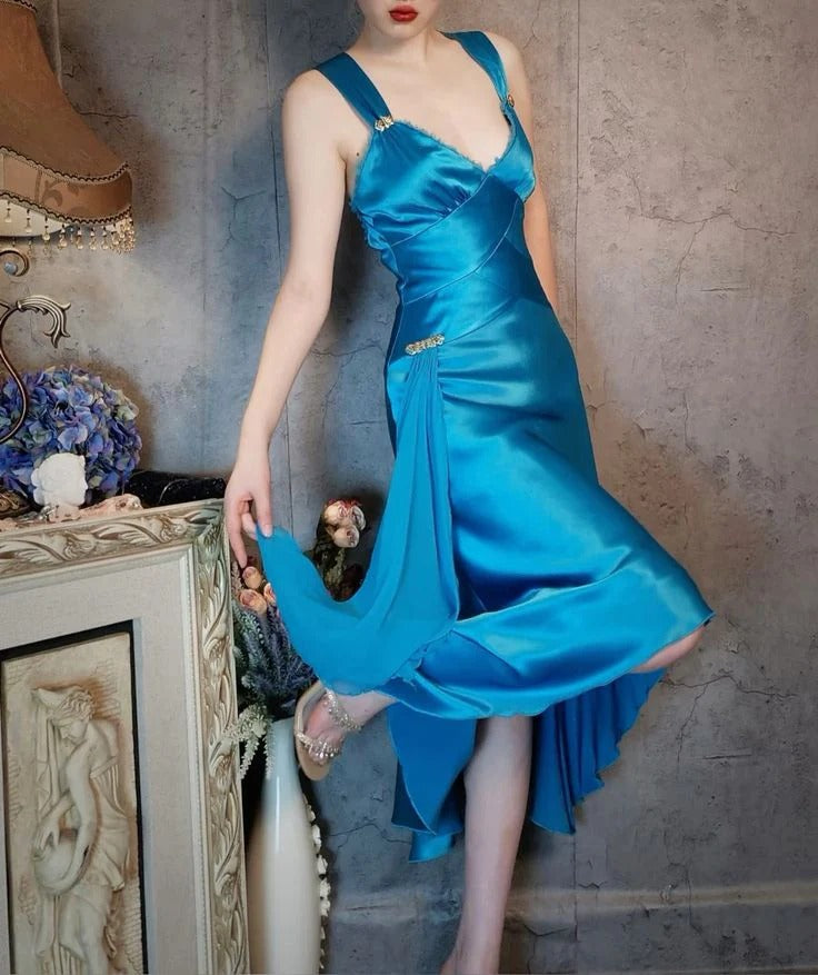 Turquoise Satin High-Low Midi Dress – V-Neck Gold Accent Formal Cocktail Dress