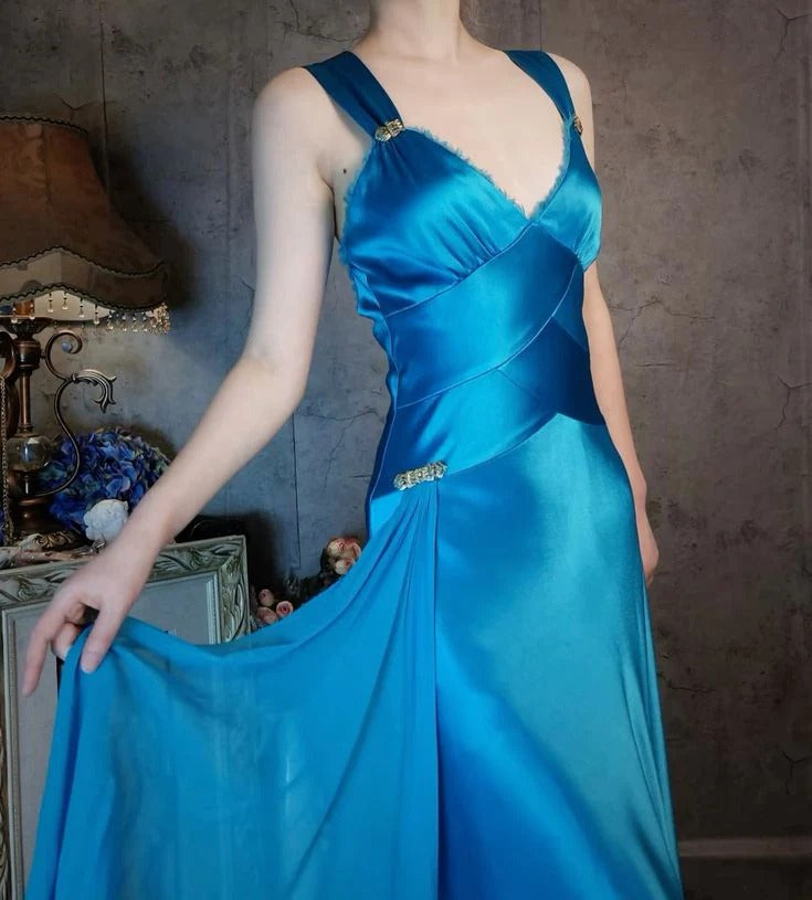 Turquoise Satin High-Low Midi Dress – V-Neck Gold Accent Formal Cocktail Dress