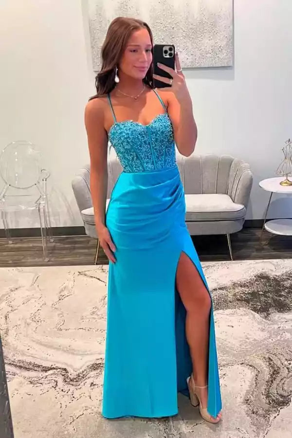 Turquoise Satin Spaghetti Strap Beaded Mermaid Gown – Vibrant & Modern Evening Party Dress